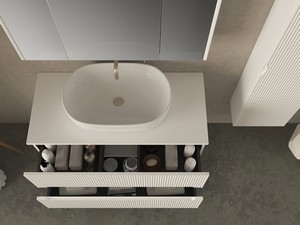 Meuble salle de bains FARO 100 cm cannelé blanc mat avec plan pour vasque à poser