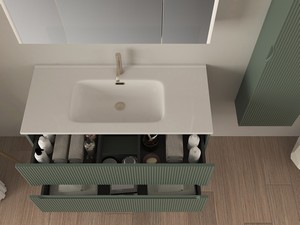 Meuble salle de bains FARO 100 cm cannelé vert mat et lavabo Unitop en résine HIDE P46 blanc mat