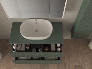 Meuble salle de bains FARO 100 cm cannelé vert mat avec plan pour vasque à poser