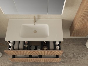 Meuble salle de bains FARO 100 cm cannelé chêne tabac et lavabo Unitop en résine HIDE P46 blanc brillant