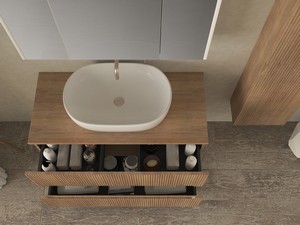 Meuble salle de bains FARO 100 cm cannelé chêne tabac avec plan pour vasque à poser