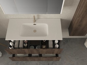 Meuble salle de bains FARO 100 cm cannelé noyer et lavabo Unitop en résine HIDE P46 blanc mat