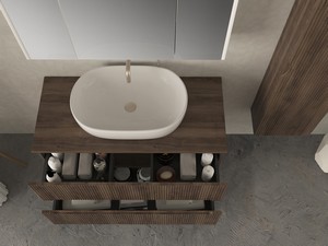 Meuble salle de bains FARO 100 cm cannelé noyer avec plan pour vasque à poser