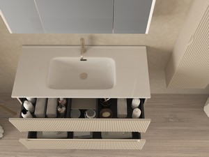 Meuble salle de bains FARO 100 cm cannelé blanc coton et lavabo Unitop en résine HIDE P46 blanc brillant