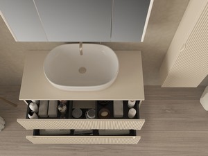 Meuble salle de bains FARO 100 cm cannelé blanc coton avec plan pour vasque à poser