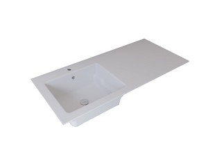 Meuble buanderie BONK 140 cm 4 portes avec lavabo en solid surface gauche - Blanc brillant