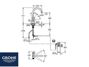 Mitigeur cuisine GROHE® BLUE PURE STARTCURVE avec filtre.