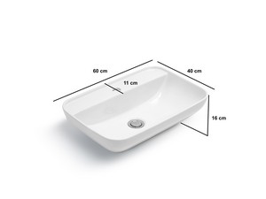 Waschbecken Le Ciotole, rechteckiges Design, 60x40xH 16 cm, mit Mischbatteriebohrung, aus glänzend weißer Keramik  