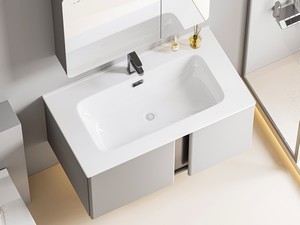 Trendy 90cm Bathroom Vanity with Matte Green Ribbed Finish and Glossy White Ceramic Sink