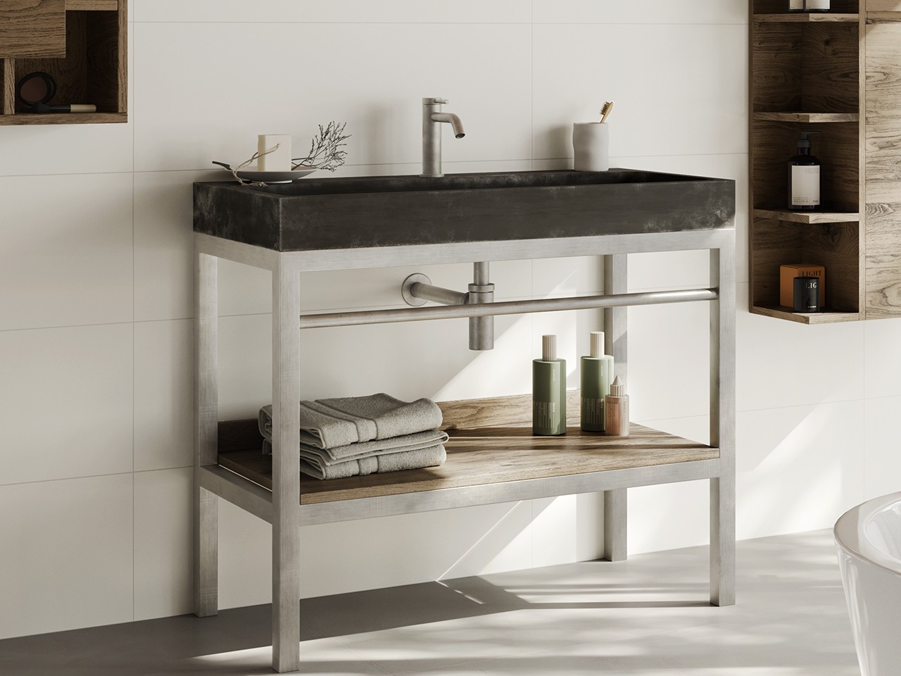 Meuble de salle de bains totem Purestone 100 cm inox satiné avec lavabo