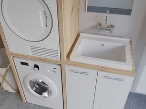 Meuble buanderie BONK 140 cm pour lave-linge et sèche-linge 2 portes et bac à laver à droite blanc brillant/chêne