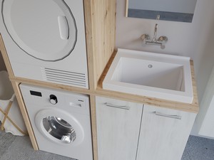 Waschküchenmöbel BONK 140 cm Waschmaschinen-und Trocknerschrank 2 Türen und Waschtrog rechts, Weiß Matrix/Asteiche