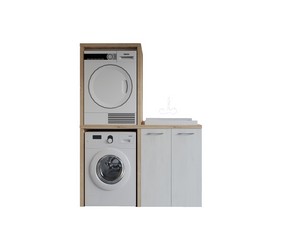 Waschküchenmöbel BONK 140 cm Waschmaschinen-und Trocknerschrank 2 Türen und Waschtrog rechts, Weiß Matrix/Asteiche