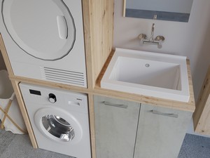 Meuble buanderie BONK 140 cm pour lave-linge et sèche-linge 2 portes et bac à laver à droite ciment/chêne
