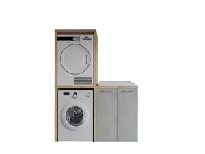 Meuble buanderie BONK 140 cm pour lave-linge et sèche-linge 2 portes et bac à laver à droite ciment/chêne