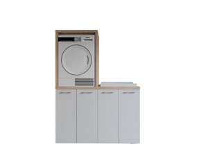 Waschküchenmöbel BONK 140 cm Waschmaschinen-und Trocknerschrank 4 Türen und Waschtrog rechts, Weiß glänzend/Asteiche