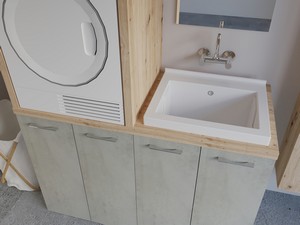Meuble buanderie BONK 140 cm pour lave-linge et sèche-linge 4 portes et bac à laver à droite ciment/chêne