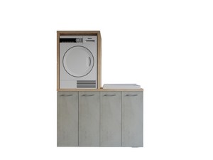 Meuble buanderie BONK 140 cm pour lave-linge et sèche-linge 4 portes et bac à laver à droite ciment/chêne