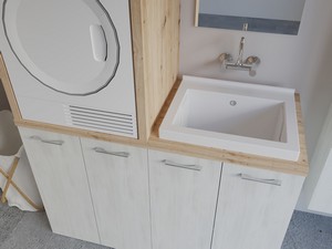 Meuble buanderie BONK 140 cm pour lave-linge et sèche-linge 4 portes et bac à laver à droite blanc matrix/chêne