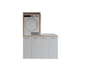 Meuble buanderie BONK 140 cm pour lave-linge et sèche-linge 4 portes et bac à laver à droite blanc matrix/chêne