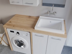 Waschküchenmöbel BONK 140 cm Waschmaschinenschrank 2 Türen und Waschtrog rechts, Weiß glänzend/Asteiche