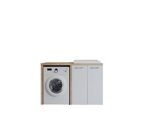 Meuble buanderie BONK 140 cm pour lave-linge 2 portes et bac à laver à droite blanc brillant/chêne