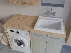 Waschküchenmöbel BONK 140 cm Waschmaschinenschrank 2 Türen und Waschtrog rechts, Zement/Asteiche