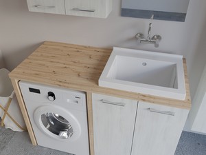 Meuble buanderie BONK 140 cm pour lave-linge 2 portes et bac à laver à droite blanc matrix/chêne