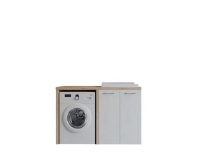 Meuble buanderie BONK 140 cm pour lave-linge 2 portes et bac à laver à droite blanc matrix/chêne