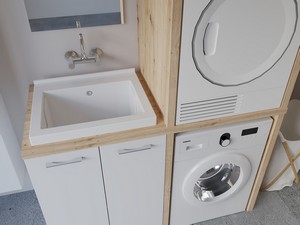 Waschküchenmöbel BONK 140 cm Waschmaschinen-und Trocknerschrank 2 Türen und Waschtrog links, Weiß glänzend/Asteiche