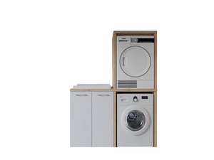 Meuble buanderie BONK 140 cm pour lave-linge et sèche-linge 2 portes et bac à laver à gauche blanc brillant/chêne