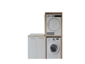 Waschküchenmöbel BONK 140 cm Waschmaschinen-und Trocknerschrank 2 Türen und Waschtrog links, Weiß Matrix/Asteiche