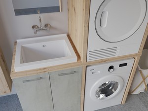Meuble buanderie BONK 140 cm pour lave-linge et sèche-linge 2 portes et bac à laver à gauche ciment/chêne