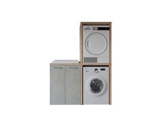 Meuble buanderie BONK 140 cm pour lave-linge et sèche-linge 2 portes et bac à laver à gauche ciment/chêne