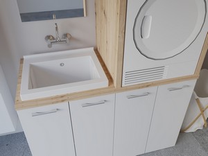 Meuble buanderie BONK 140 cm pour lave-linge et sèche-linge 4 portes et bac à laver à gauche blanc brillant/chêne
