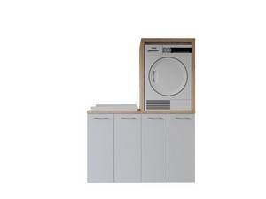 Waschküchenmöbel BONK 140 cm Waschmaschinen-und Trocknerschrank 4 Türen und Waschtrog links, Weiß glänzend/Asteiche