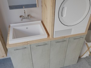 Meuble buanderie BONK 140 cm pour lave-linge et sèche-linge 4 portes et bac à laver à gauche ciment/chêne