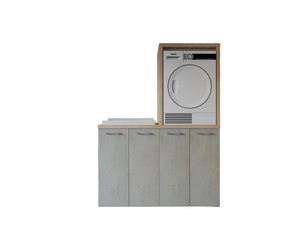 Meuble buanderie BONK 140 cm pour lave-linge et sèche-linge 4 portes et bac à laver à gauche ciment/chêne