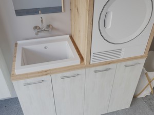 Mobile lavanderia 140 cm con lavabo dx e colonna porta lavatrice bianco e  frassino - Suize