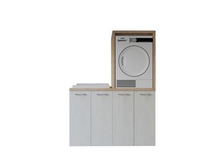 Meuble buanderie BONK 140 cm pour lave-linge et sèche-linge 4 portes et bac à laver à gauche blanc matrix/chêne
