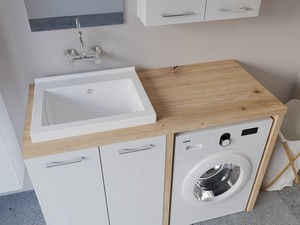 Waschküchenmöbel BONK 140 cm Waschmaschinenschrank 2 Türen und Waschtrog links, Weiß glänzend/Asteiche