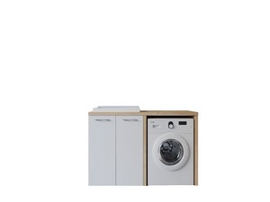 Waschküchenmöbel BONK 140 cm Waschmaschinenschrank 2 Türen und Waschtrog links, Weiß glänzend/Asteiche