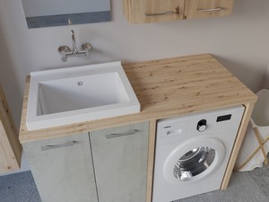Waschküchenmöbel BONK 140 cm Waschmaschinenschrank 2 Türen und Waschtrog links, Zement/Asteiche