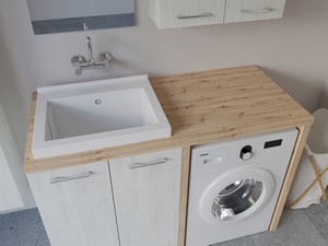 Waschküchenmöbel BONK 140 cm Waschmaschinenschrank 2 Türen und Waschtrog links, Weiß Matrix/Asteiche