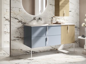 Badmöbel DESK 140 cm Eiche/Blau Avio matt - Griffe,Füße und Waschbecken HIDE Pietra Weiß matt