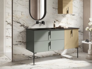 Badmöbel DESK 140 cm Eiche/Grün matt - Griffe Schwarz matt und Waschbecken HIDE Pietra Schwarz