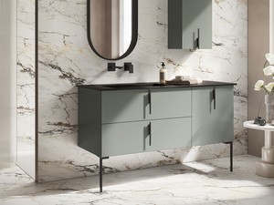Badmöbel DESK 140 cm Grün matt - Griffe Schwarz matt und Waschbecken HIDE Pietra Schwarz