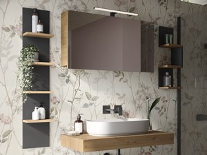 BATHROOM WALL UNIT OXYGEN ETAGERE H120 4 SHELVES OAK KNOTS AND MATT BLACK BOTTOM