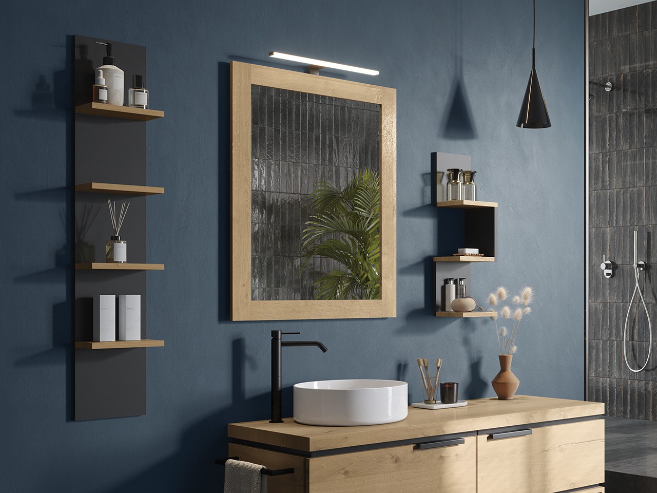 BATHROOM WALL UNIT OXYGEN ETAGERE H67,5 3 SHELVES OAK KNOTS AND MATT BLACK BOTTOM - Iperceramica