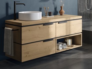 Mobile Bagno OXYGEN 140 cm 3 Cassetti e Vano a Giorno DX con Top 4,5 cm in Legno Naturale Rovere Nodi